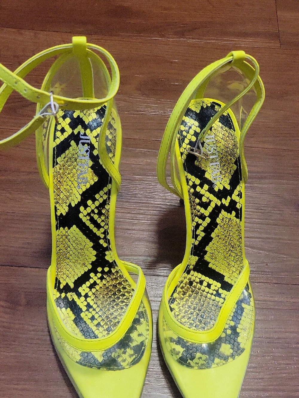 JustFab Neon Yellow Snake-Print Pointed Toe Ankle Strap Heels